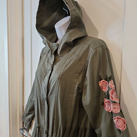Ashley by 26 International Green Hooded Jacket with Pink Rose Embellishments szL - Picture 1 of 8